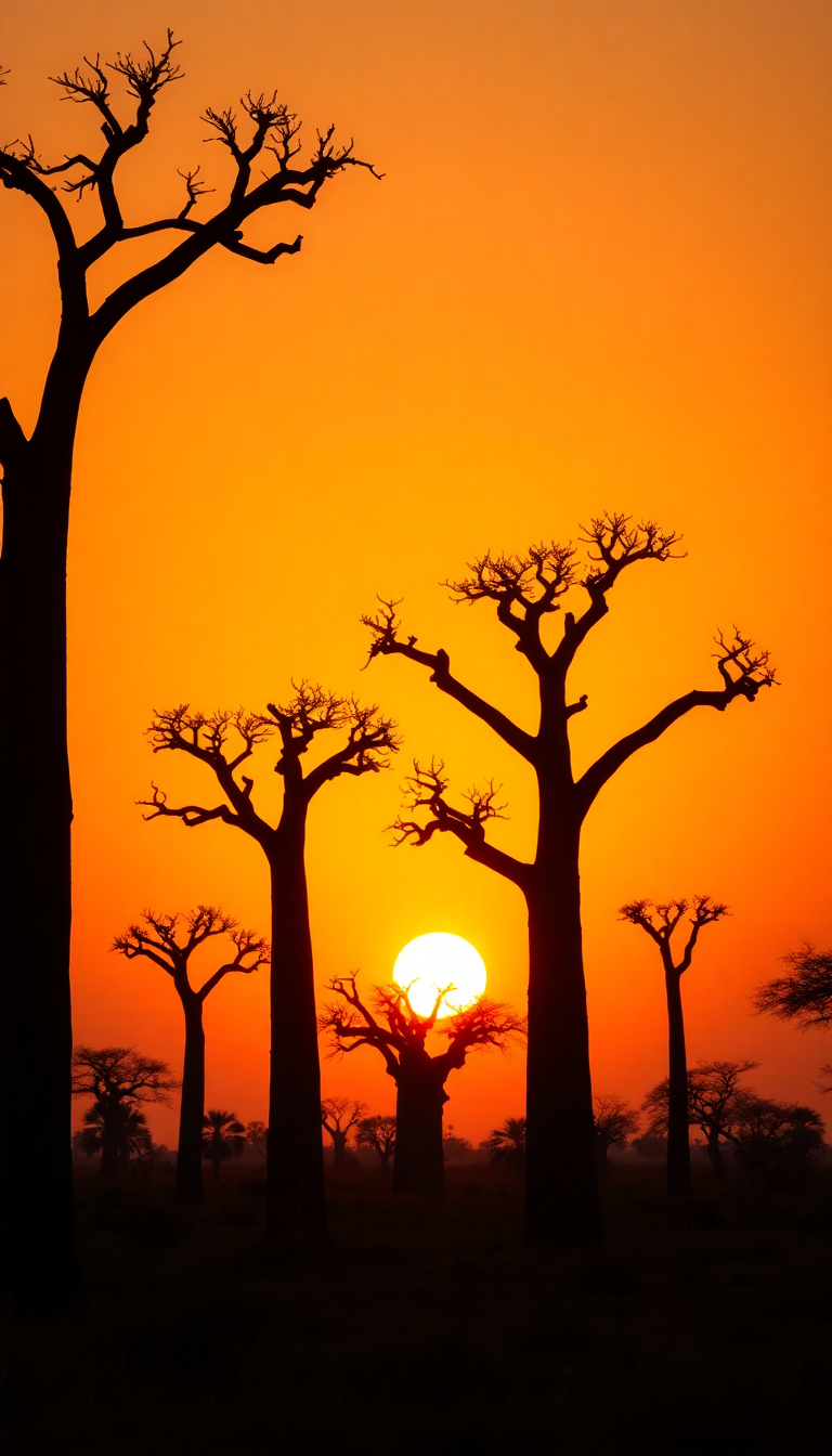 Baobab Trees Silhouette African Sunset Photorealistic Wallpaper