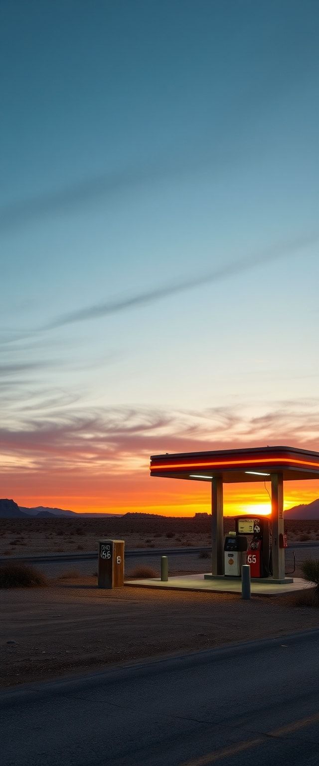 Old Gas Station Desert Route Photorealistic Wallpaper