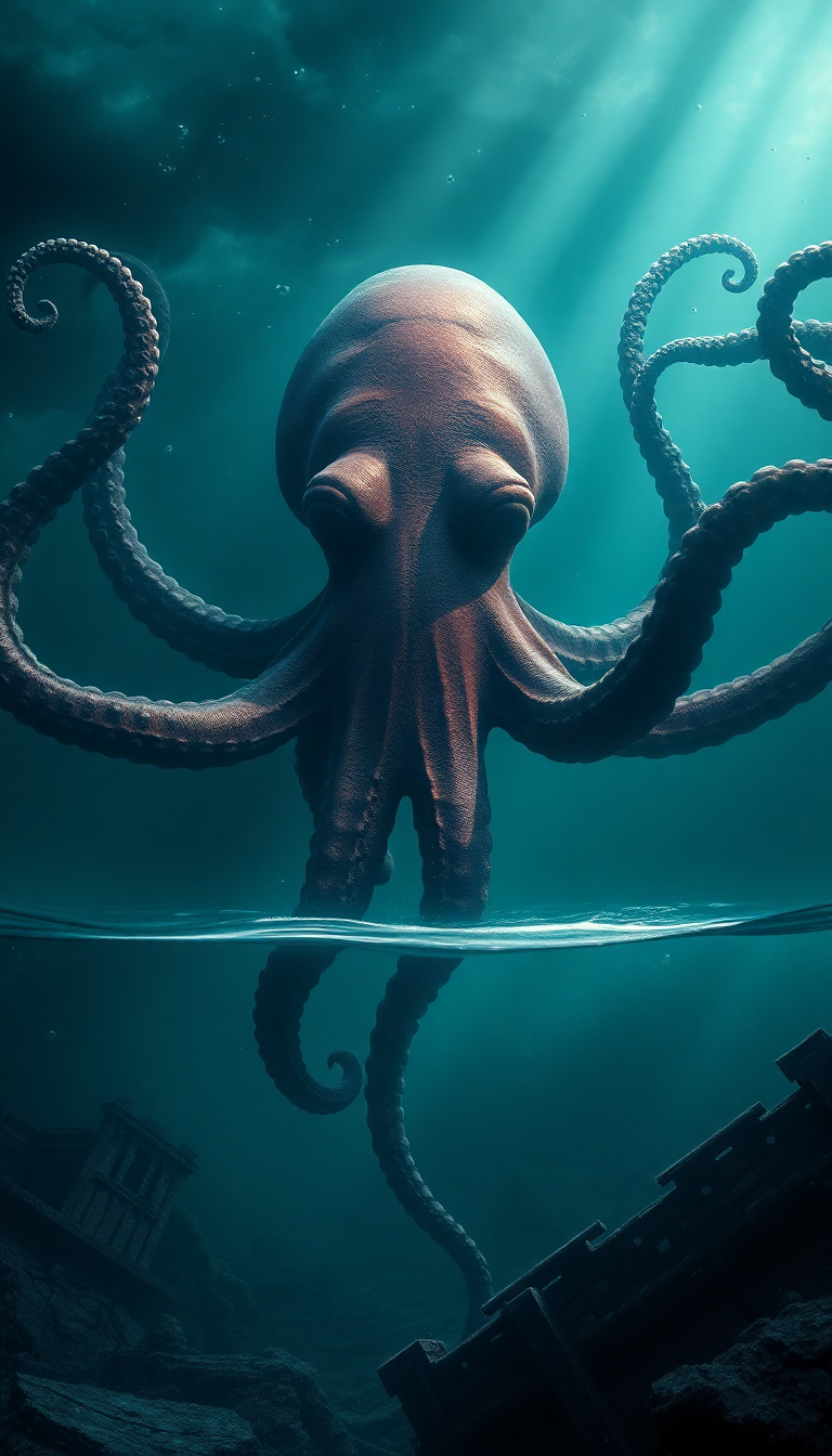Giant Octopus Shipwreck Deep Ocean Digital art Wallpaper