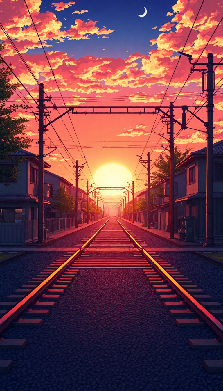 Train Crossing Rural Japan Sunset Anime Wallpaper