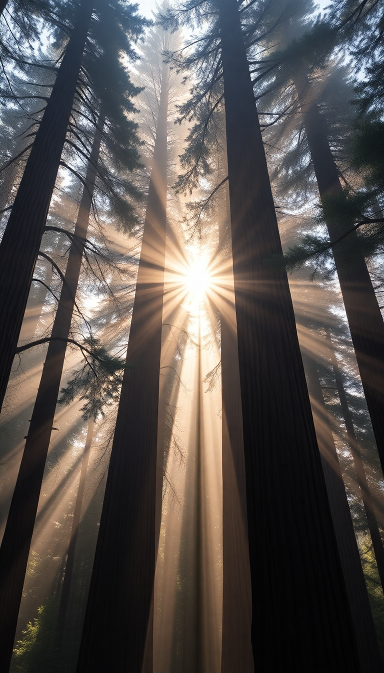 Giant Redwood Trees Morning Fog Photorealistic Wallpaper