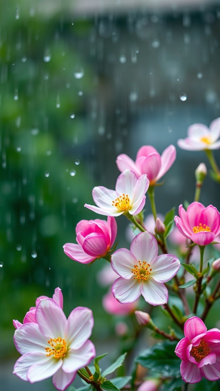 Spring Rain Flower Blooming Time Aesthetic Wallpaper