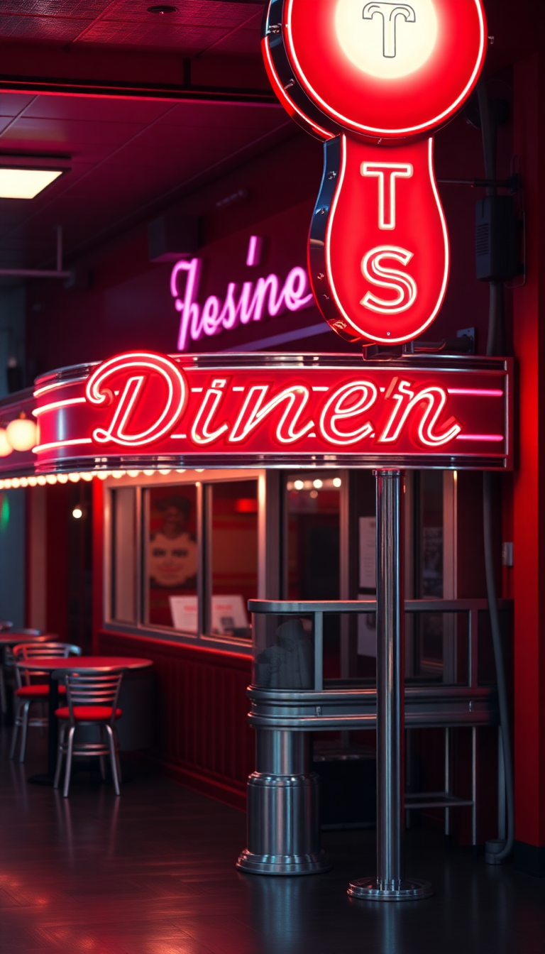 Retro Diner Neon Signs Chrome Photorealistic Wallpaper