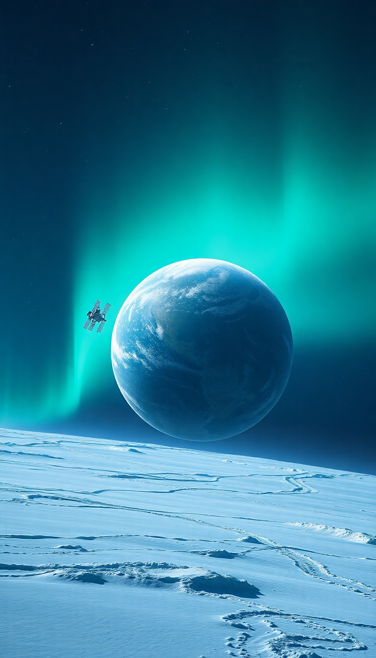 Lonely Satellite Orbiting Ice Planet Photorealistic Wallpaper