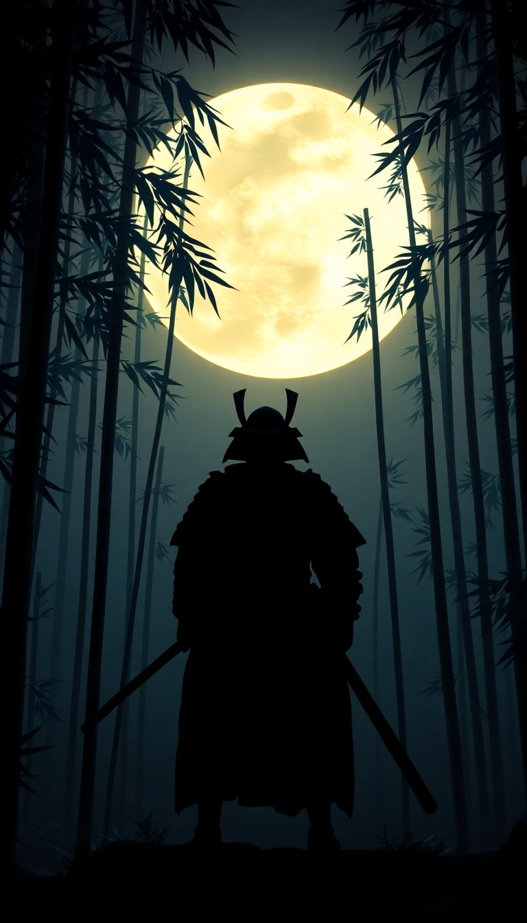 Samurai Silhouette Moonlit Bamboo Forest Digital art Wallpaper