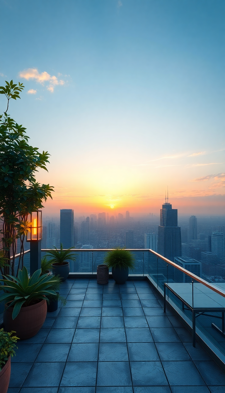 Rooftop Garden Oasis Above City Photorealistic Wallpaper