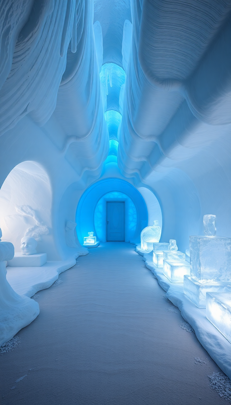 Ice Hotel Interior Frozen Sculptures Photorealistic Wallpaper