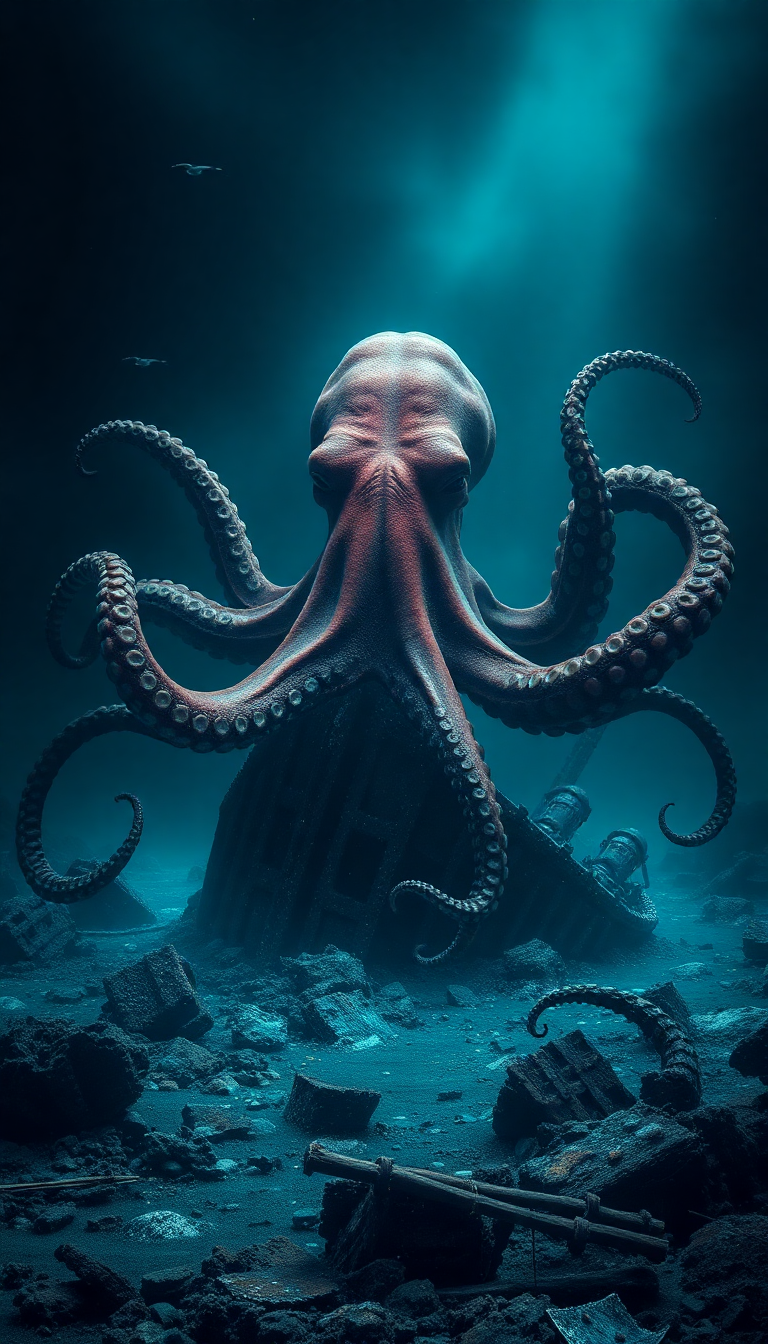 Giant Octopus Shipwreck Deep Ocean Digital art Wallpaper