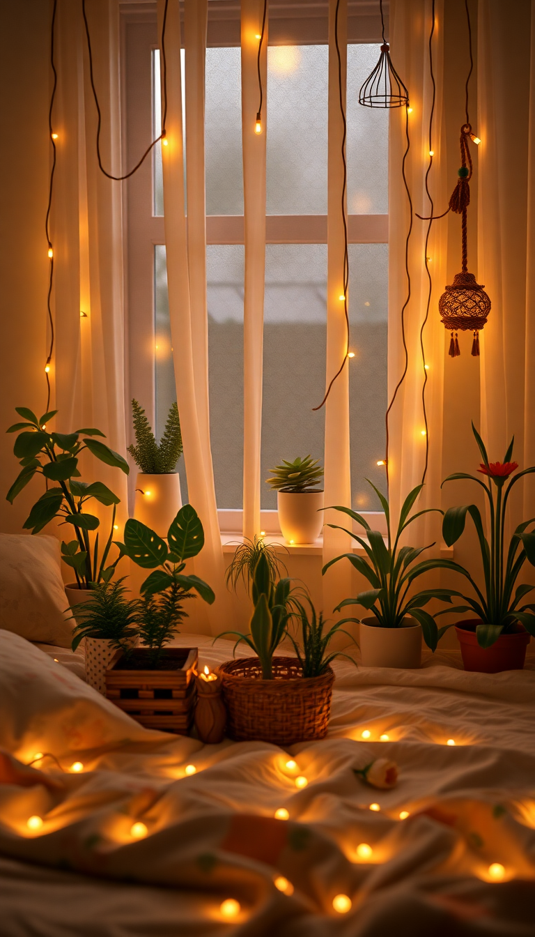 Indie Bedroom Fairy Lights Plants Photorealistic Wallpaper