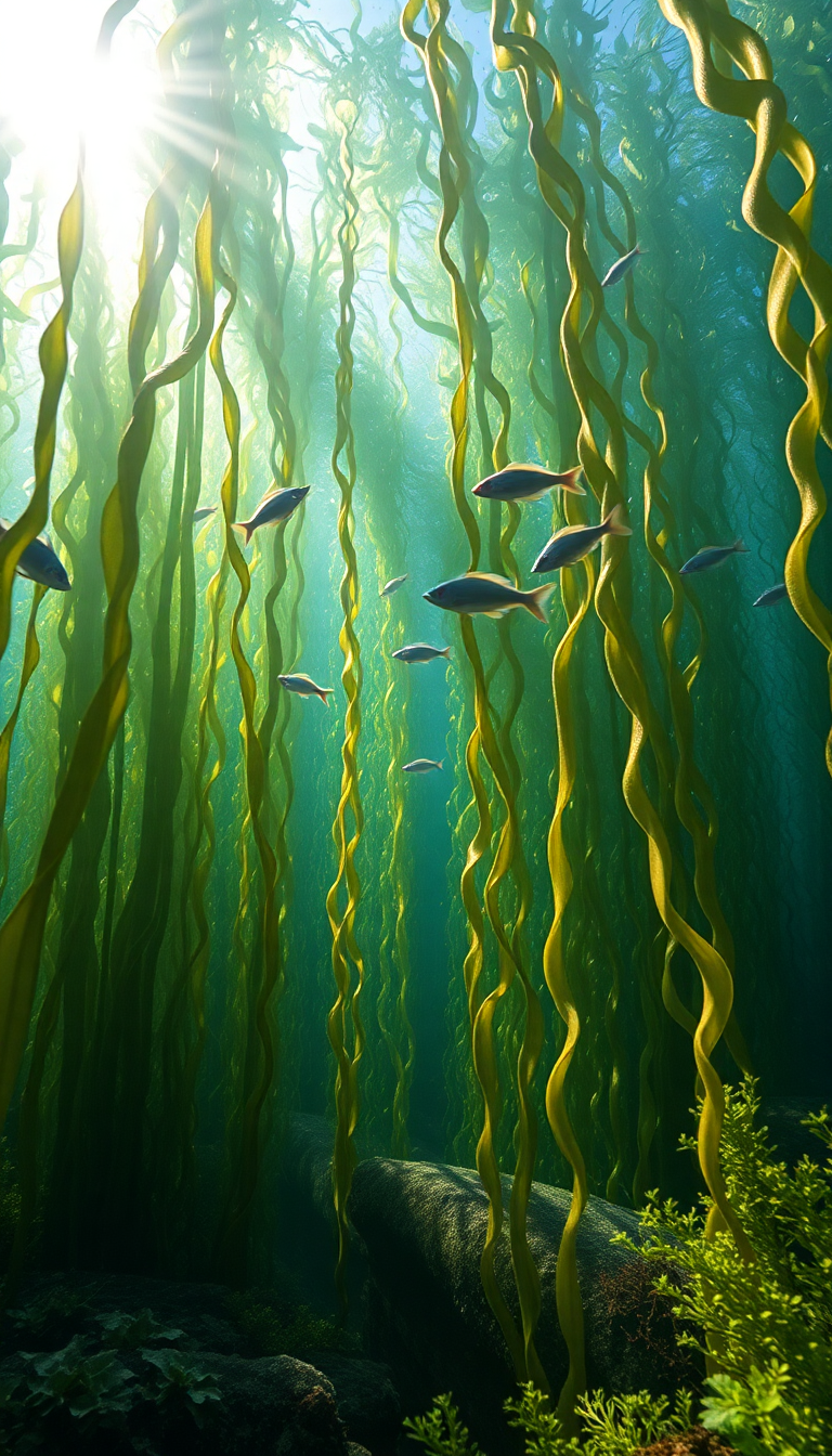 Underwater Forest Kelp Swaying Fish Photorealistic Wallpaper