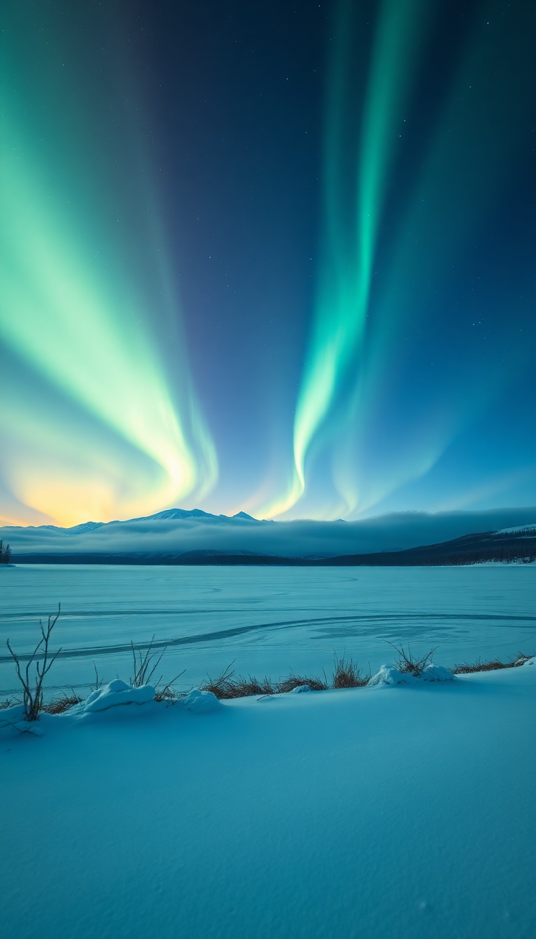 Winter Northern Lights Over Frozen Photorealistic Wallpaper