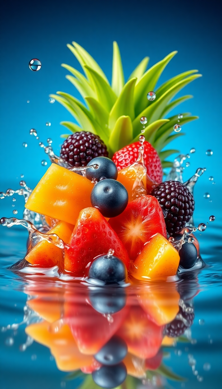 Tropical Fruit Splash Water Droplets Photorealistic Wallpaper