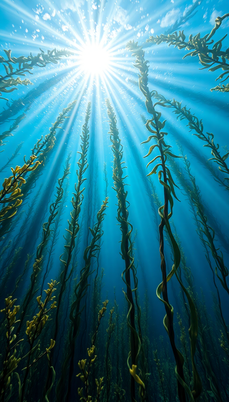 Underwater Kelp Forest Sun Rays Photorealistic Wallpaper
