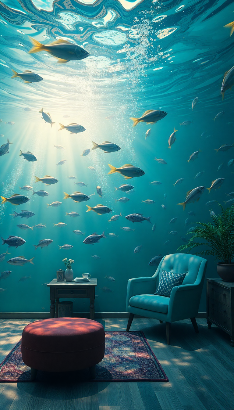 Room Underwater Furniture Floating Fish Digital art Wallpaper