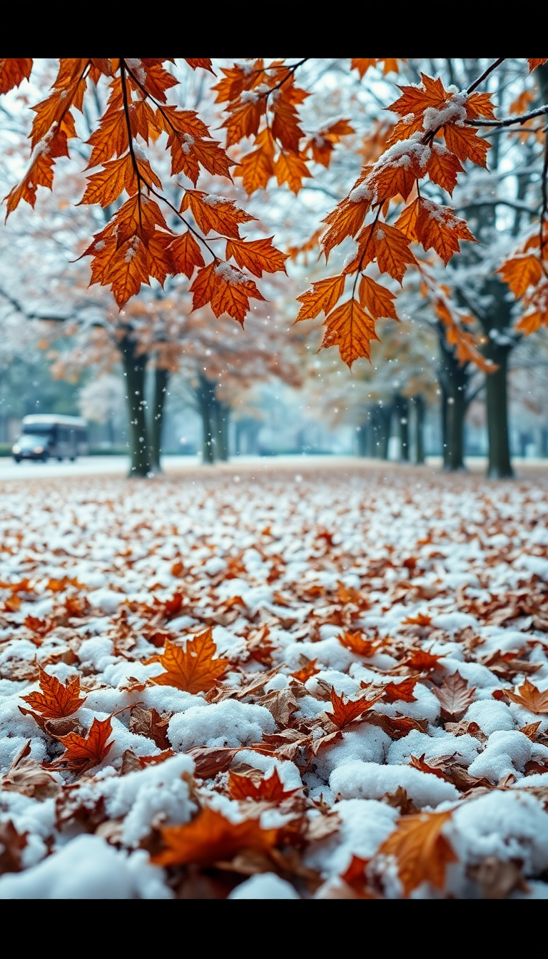 First Snow Falling On Autumn Photorealistic Wallpaper
