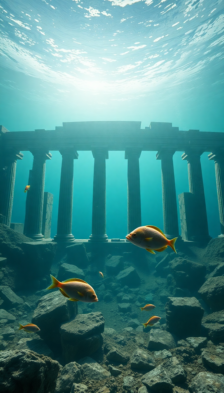 Sunken Ancient Temple Fish Swimming Digital art Wallpaper