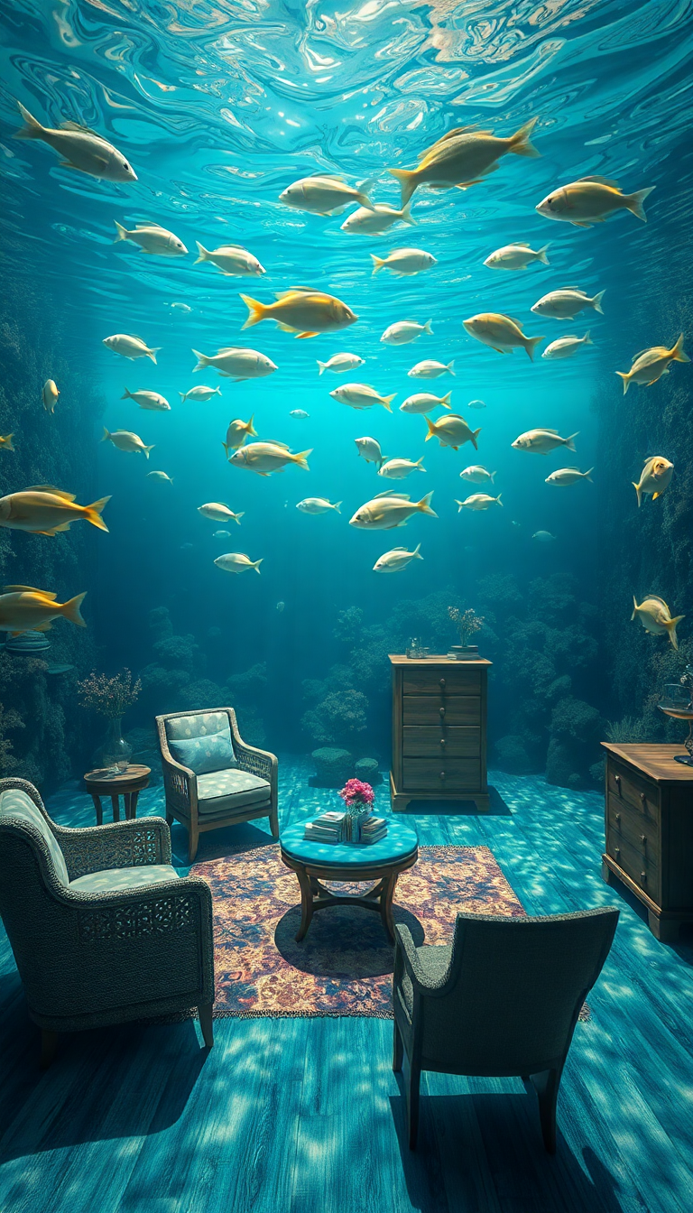 Room Underwater Furniture Floating Fish Digital art Wallpaper