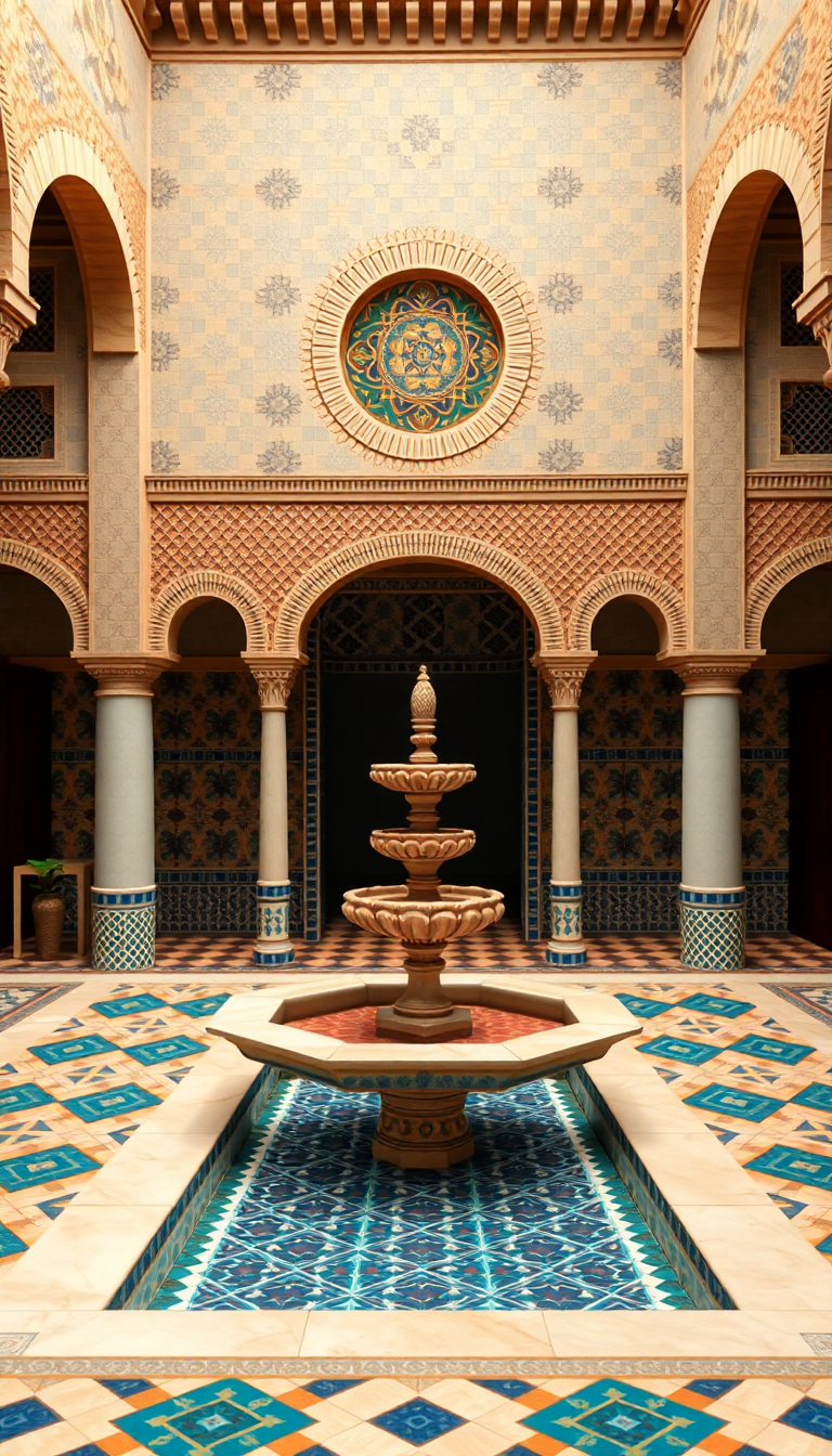 Moroccan Courtyard Tiles Fountain Mosaic Photorealistic Wallpaper