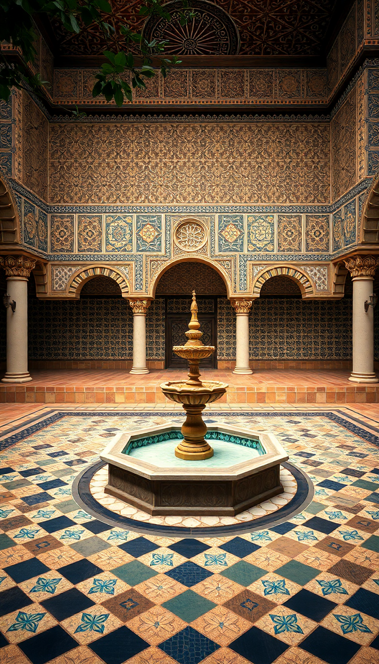 Moroccan Courtyard Tiles Fountain Mosaic Photorealistic Wallpaper