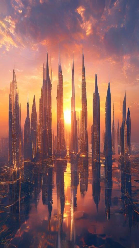 Dubai Skyline Futuristic Towers Sunset Photorealistic Wallpaper