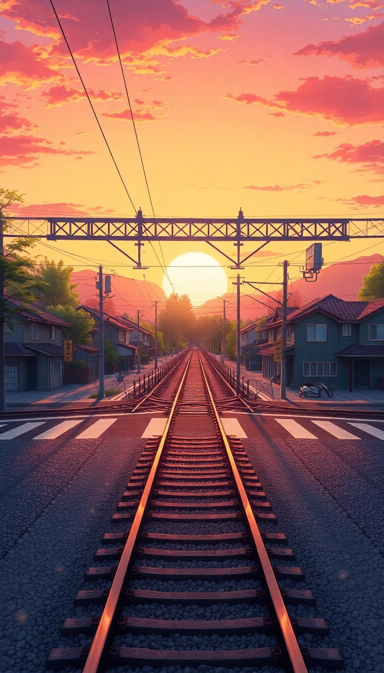 Train Crossing Rural Japan Sunset Anime Wallpaper