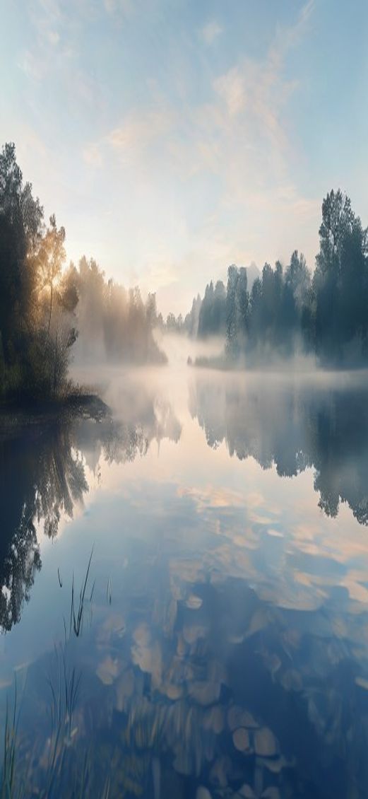 Morning Mist Over Still Lake Photorealistic Wallpaper