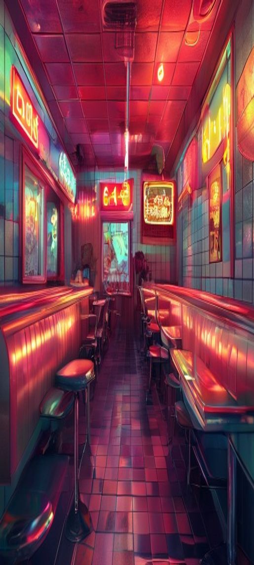 Retro Diner Neon Signs Chrome Photorealistic Wallpaper