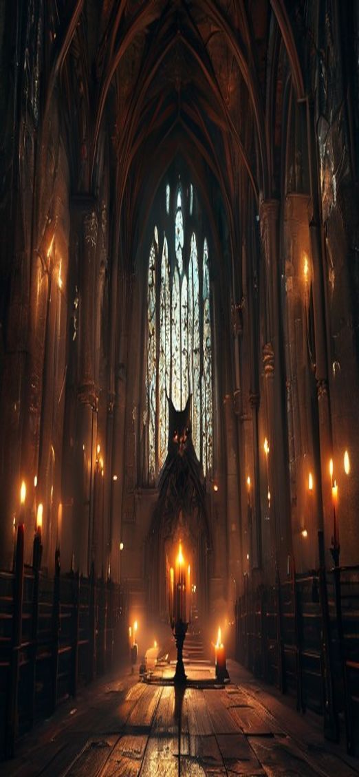 Gothic Cathedral Interior Candlelight Shadows Photorealistic Wallpaper