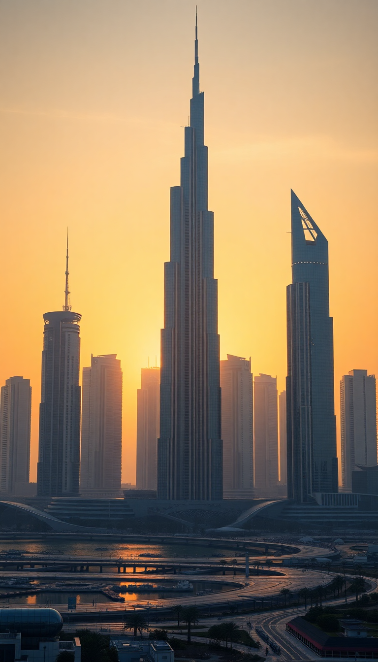 Dubai Skyline Futuristic Towers Sunset Photorealistic Wallpaper