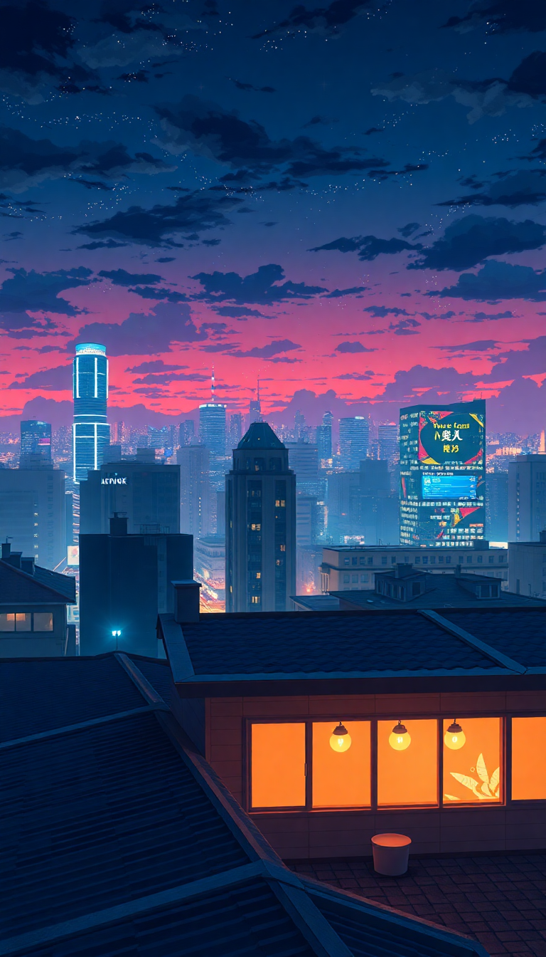 Rooftop At Night City Lights Anime Wallpaper