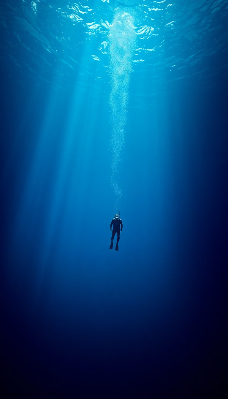 Freediver Descending Into Deep Blue Photorealistic Wallpaper
