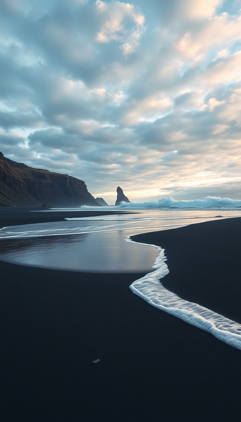 Icelandic Black Sand Beach Waves Photorealistic Wallpaper