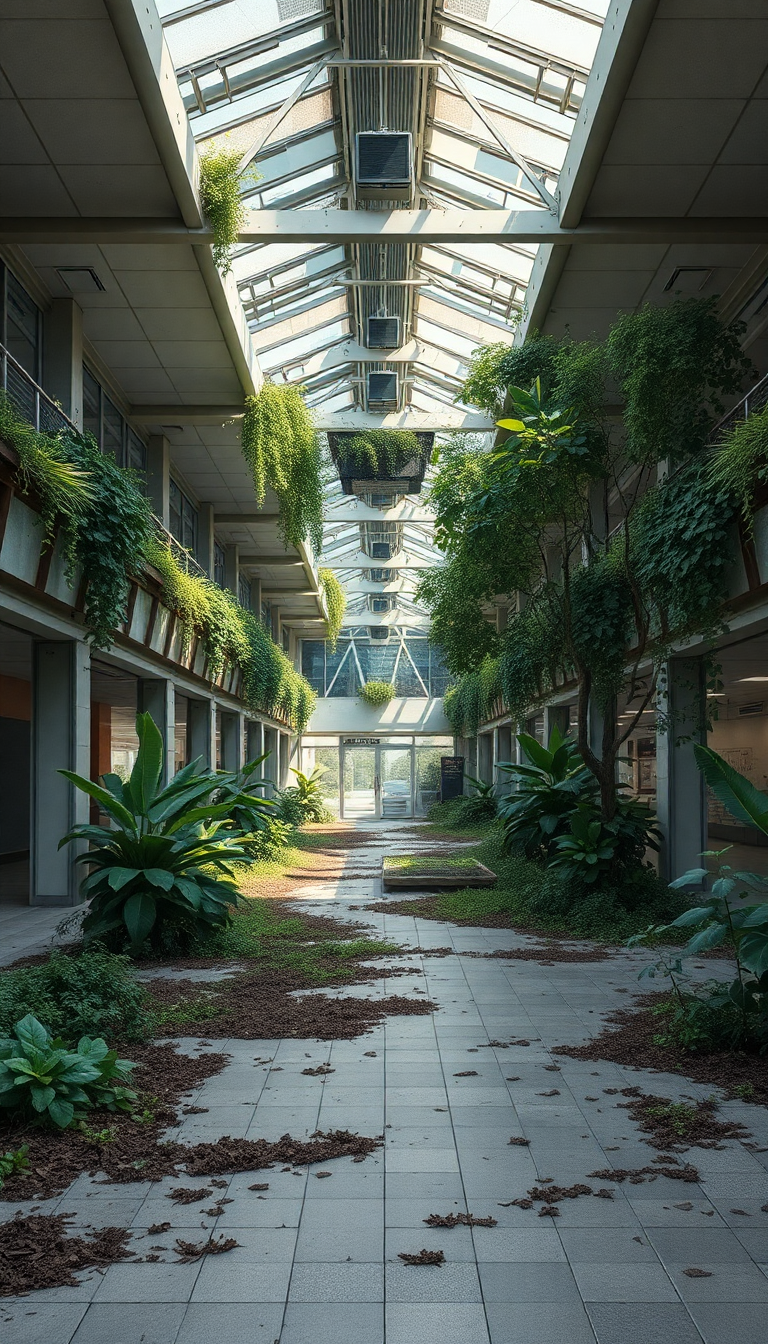 Abandoned Shopping Mall Nature Reclaiming Photorealistic Wallpaper