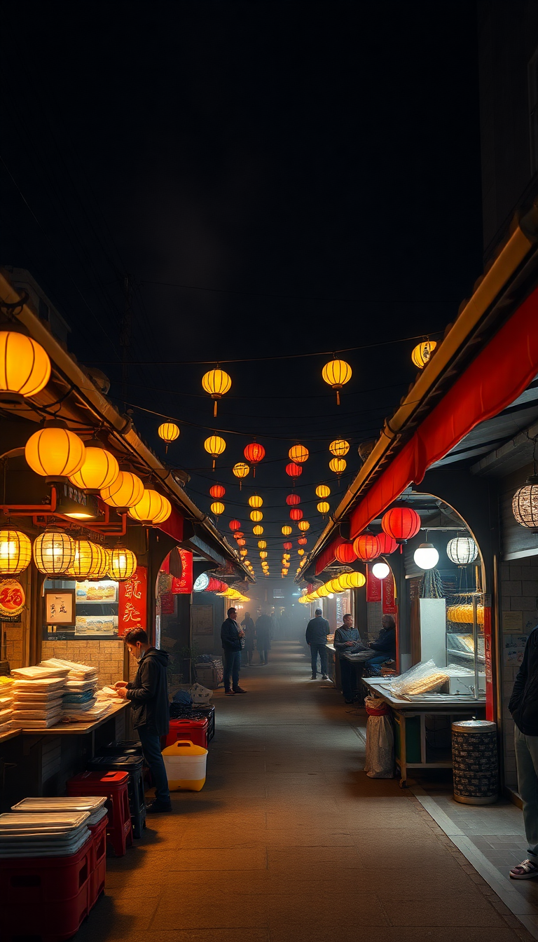 Night Market Street Food Stalls Photorealistic Wallpaper
