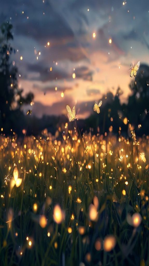 Fireflies Dancing In Summer Meadow Photorealistic Wallpaper