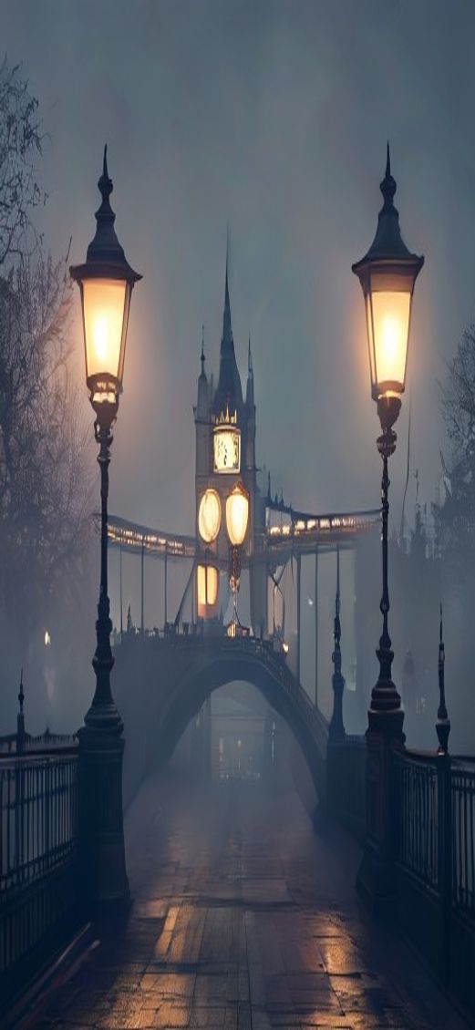 Charming Bridge Vintage Lampposts Night Wallpaper