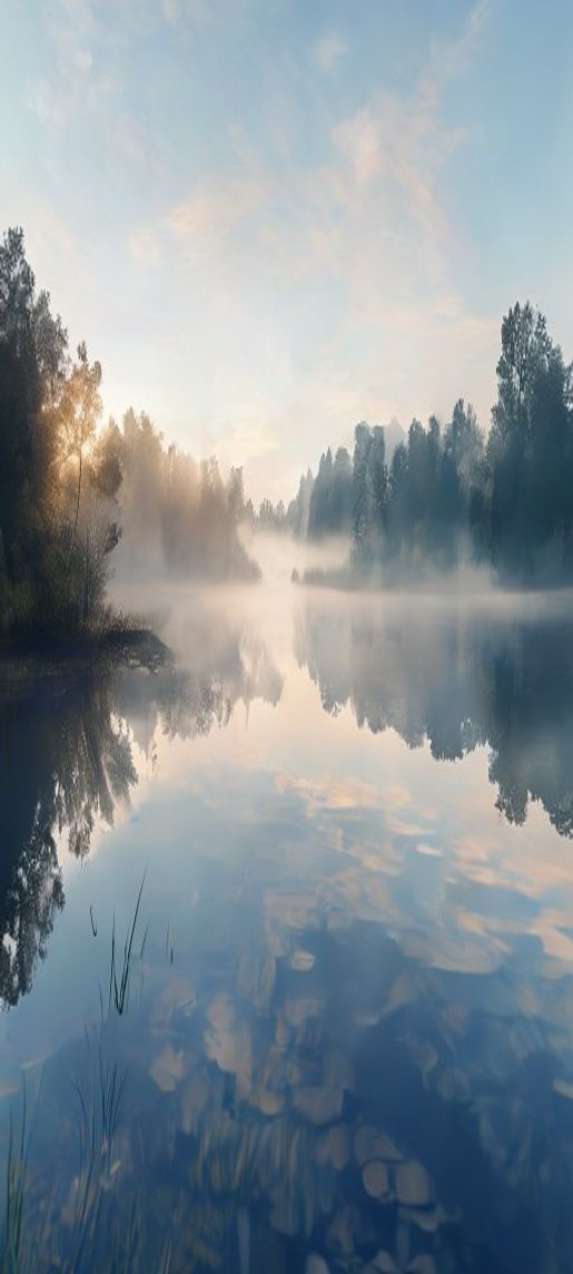 Morning Mist Over Still Lake Photorealistic Wallpaper