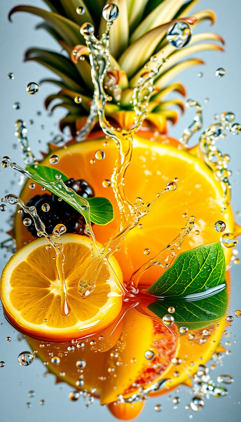Tropical Fruit Splash Water Droplets Photorealistic Wallpaper
