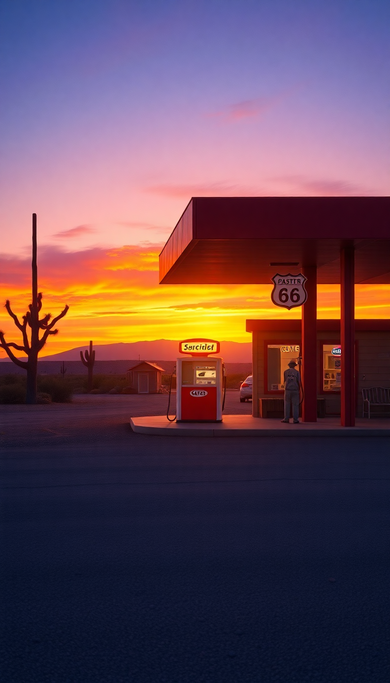 Old Gas Station Desert Route Photorealistic Wallpaper