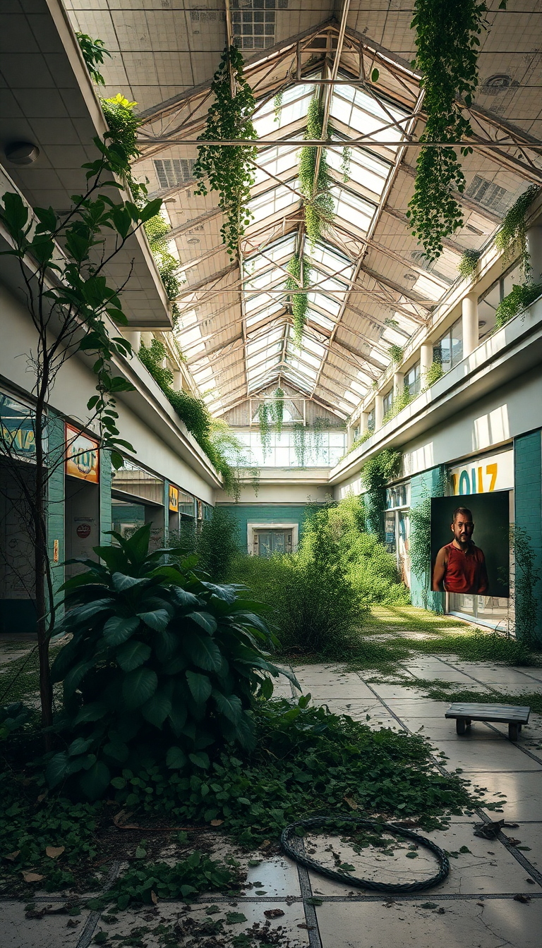 Abandoned Shopping Mall Nature Reclaiming Photorealistic Wallpaper