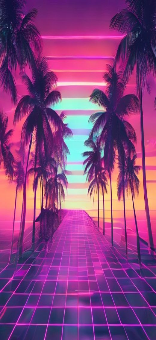 80s Synthwave Grid Sunset Palm Digital art Wallpaper