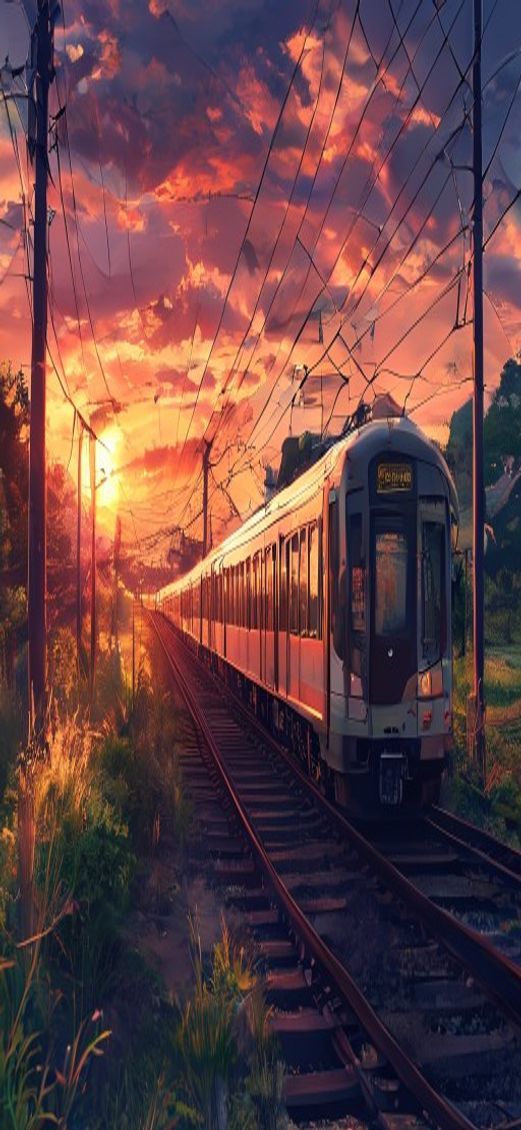Train Crossing Rural Japan Sunset Anime Wallpaper
