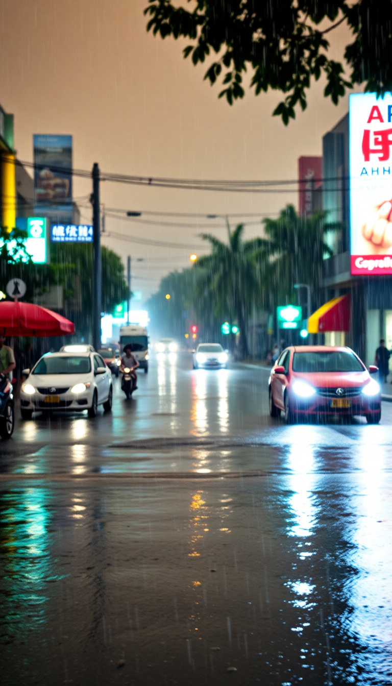 Monsoon Rain Heavy Downpour Street Photorealistic Wallpaper