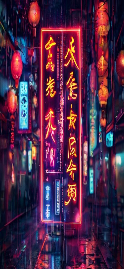 Neon Signs Chinese Characters Rain Digital art Wallpaper