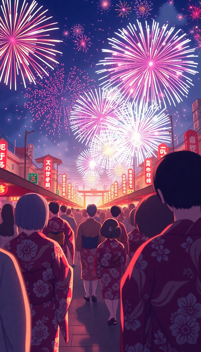Summer Festival Fireworks Yukata Crowd Anime Wallpaper