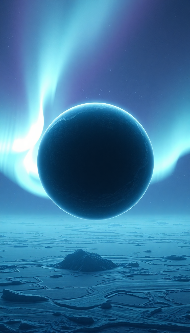 Lonely Satellite Orbiting Ice Planet Photorealistic Wallpaper