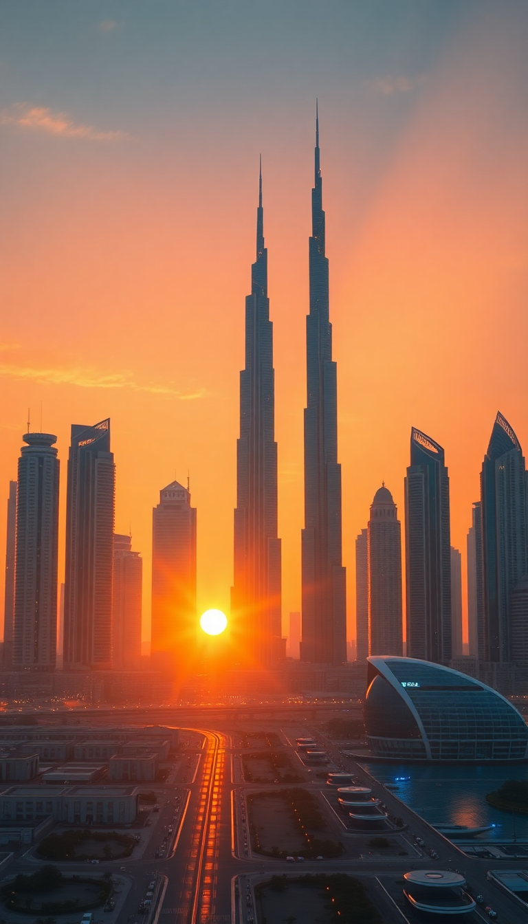 Dubai Skyline Futuristic Towers Sunset Photorealistic Wallpaper