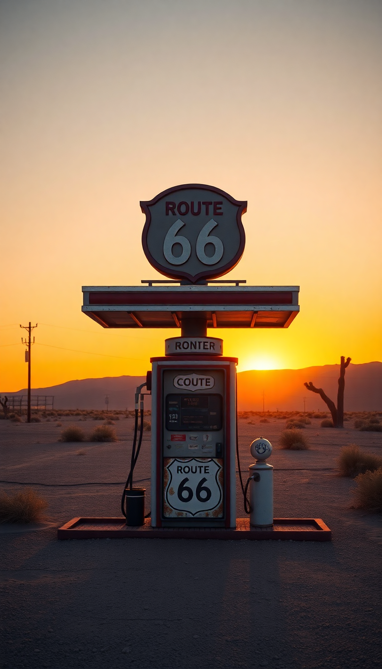 Old Gas Station Desert Route Photorealistic Wallpaper
