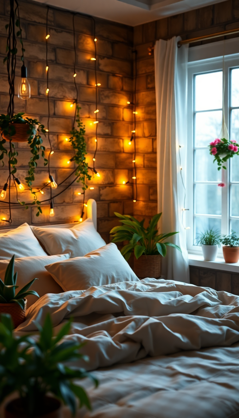 Indie Bedroom Fairy Lights Plants Photorealistic Wallpaper