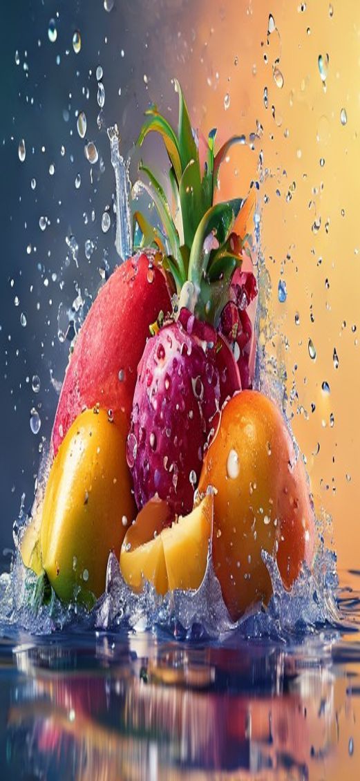 Tropical Fruit Splash Water Droplets Photorealistic Wallpaper